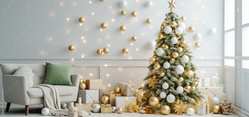 A beautifully decorated Christmas tree in a cozy living room