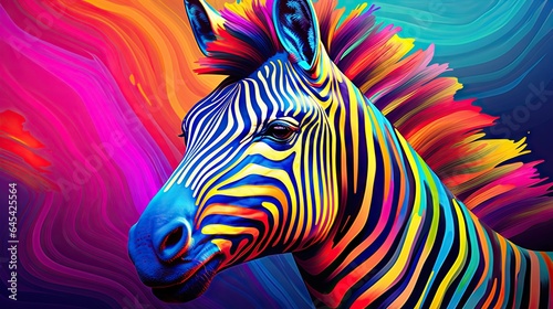  a colorful zebra with a blue background and a red  yellow  and blue background.  generative ai