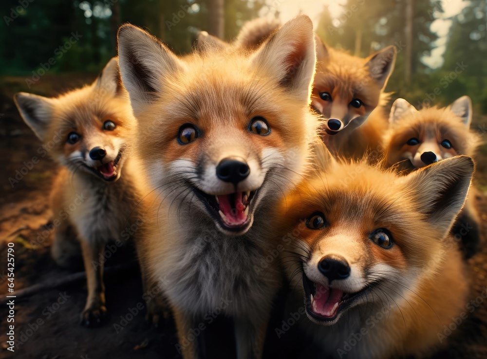 A group of foxes looking at the camera