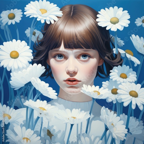 A girl surrounded by daisies in a vibrant and colorful painting