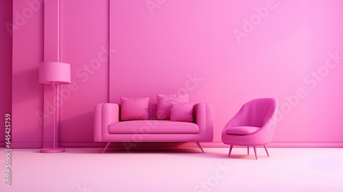 Stylish minimalist monochrome interior of modern cozy living room in pastel pink and purple tones. Trendy couch and armchair  floor lamp. Creative home design. Mockup  3D rendering.