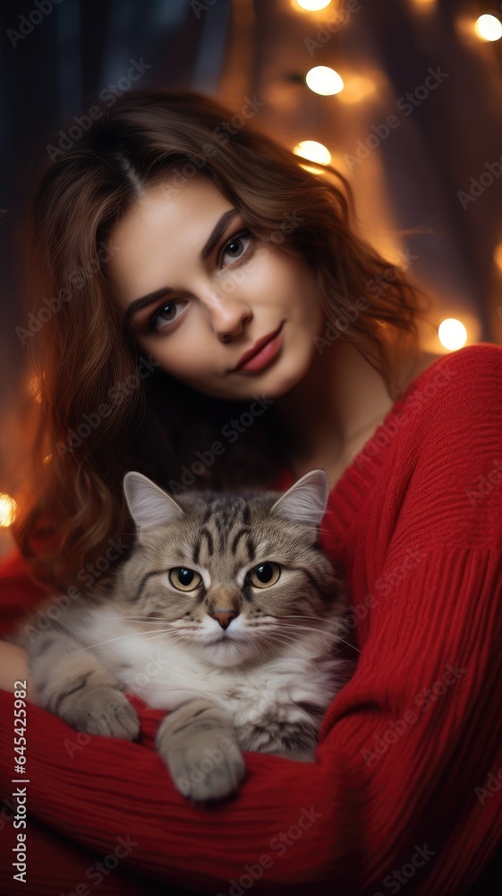 A woman in a red sweater holding a cat