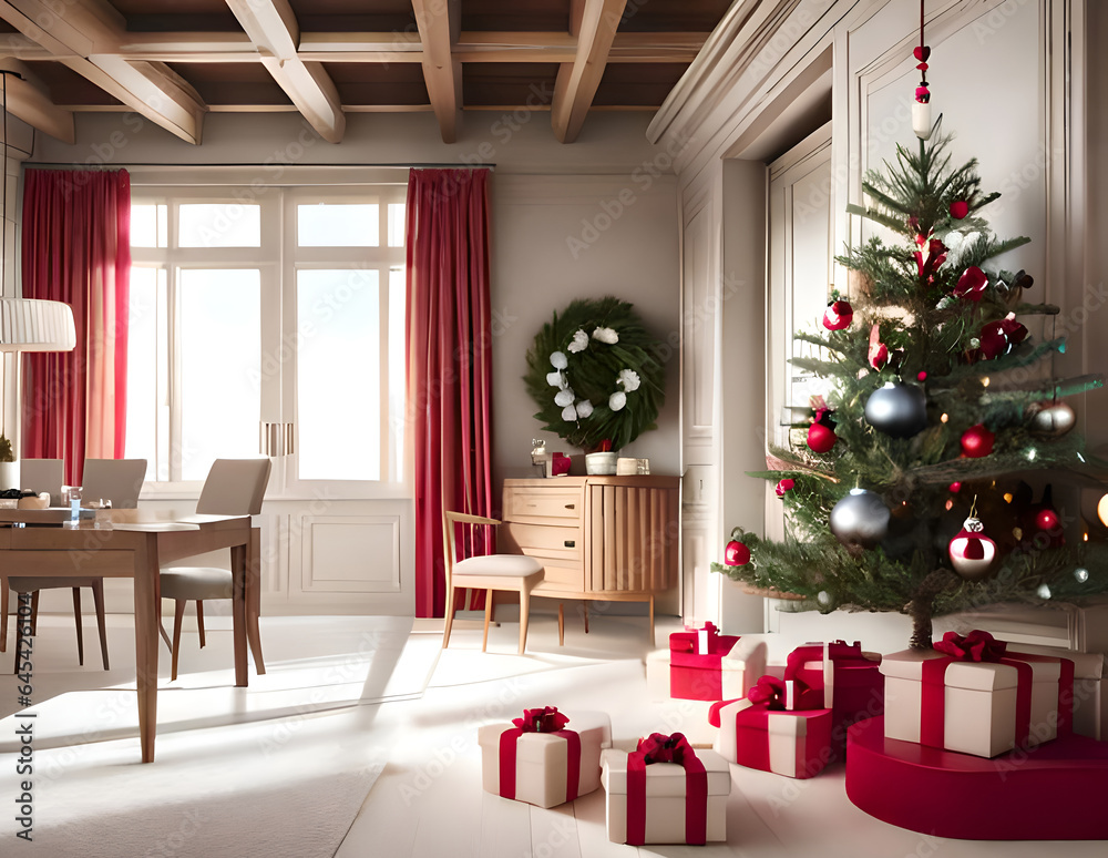 Beautiful and Cozy Christmas dining room decoration and a Christmas tree, Holiday atmosphere in winter season. Generative AI technology.