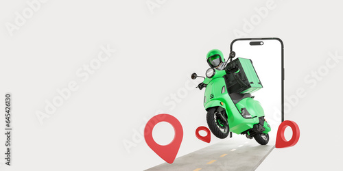 3D food delivery.white color background.The Green Bike came out of the phone .carrier on freight scooter and delivery bag,Green and white color background.GPS Icon