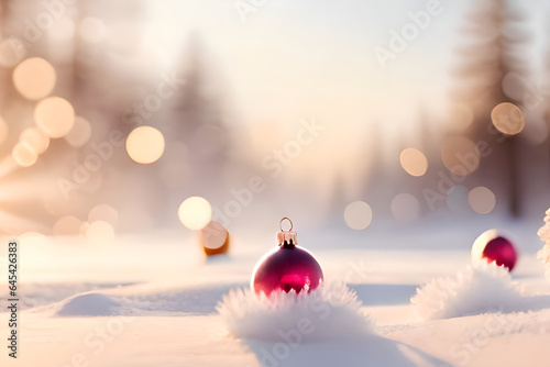 Red Christmas tree decoration or Christmas ball sit on the white snow and beautiful blur soft dreamy winter atmosphere and nature background Christmas backdrop. Generative AI technology. #645426383