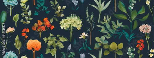 Elegant Seamless Pattern with Cute beautiful botanical plants Flowers. Pretty Texture in Country Style for Cloth, Textile, Wallpaper, background for fashion prints. Spring bouquet