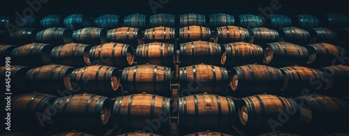 A stack of wooden barrels