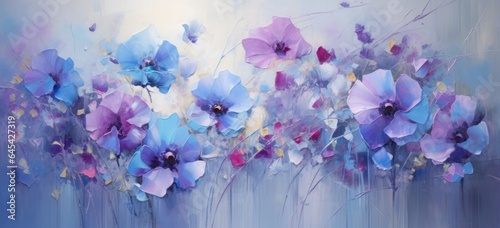 A vibrant floral painting with purple and blue flowers against a serene blue background #645427319