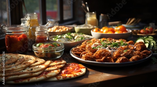 food buffet table dishes  Pizza  hamburgers  fried chicken