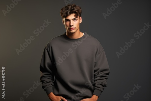 Isolated Portrait of a Fictional Male Model Wearing a Large Oversized Charcoal Colored Sweatshirt on a Plain Blank Background. Generative AI.