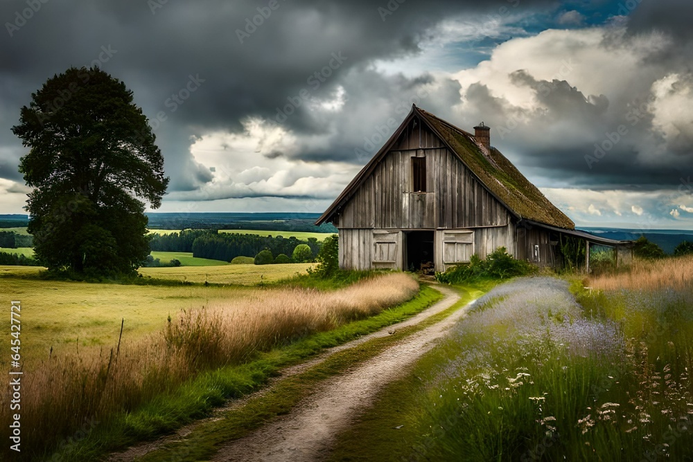 Barn in the field in a cloudy weather. Barn in the field in a cloudy weather.
