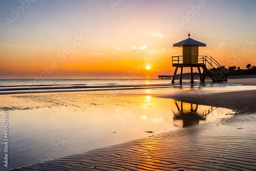 lifeguard tower at sunset at Sea.