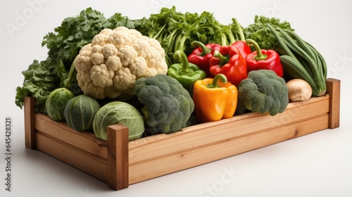 Fresh Vegetables in wooden box on wooden table on a white background © MBRAMO