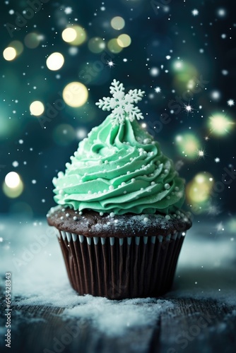 A festive cupcake with green frosting and a snowflake decoration on top