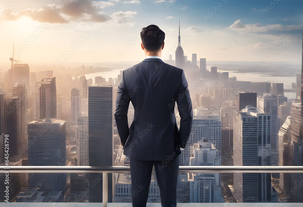 Rear view of businessman joy at success on the roof of a high-rise building in the midst of a big cityscape. businessman successful concept. AI Generative, illustration Rear view of businessman joy at success on the roof of a high-rise building in the midst of a big cityscape. businessman successful concept. AI Generative, illustration