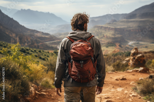 Backpacker's Journey. Individual hiking in a remote wilderness, showcasing the urge to go everywhere, even off the beaten path. Generative Ai.