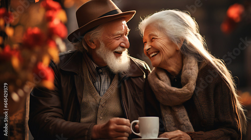 portrait of an elderly, grey-haired happy couple smiling in the autumn park drinking coffee