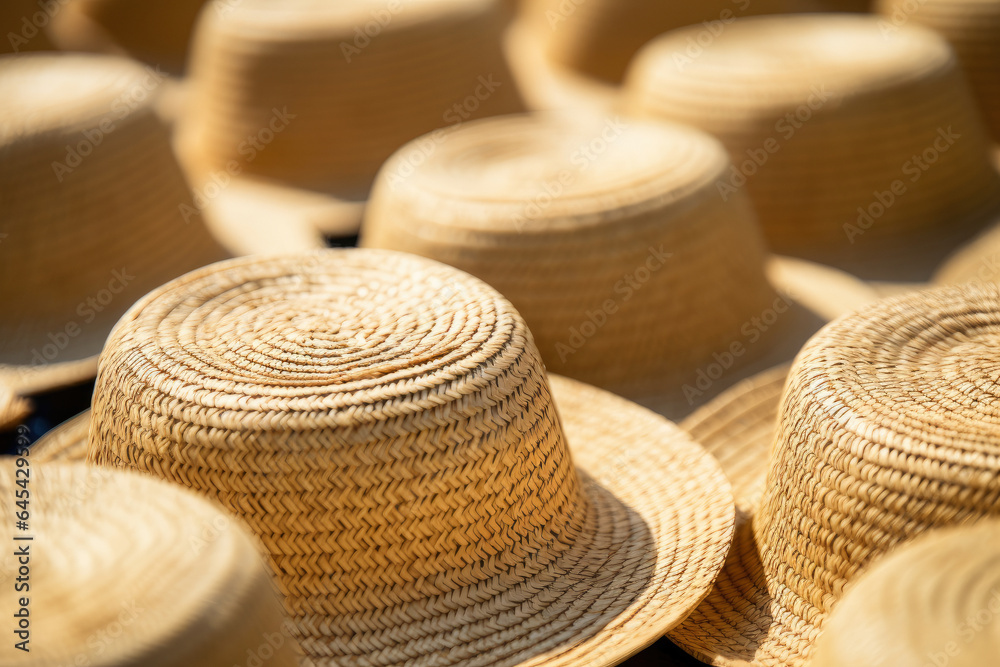 Captivating Macro Shot: Unveiling Nature's Artistry in Intricately Woven Straw Hats, Showcasing Exquisite Details and Sustainable Fashion Accessories.
