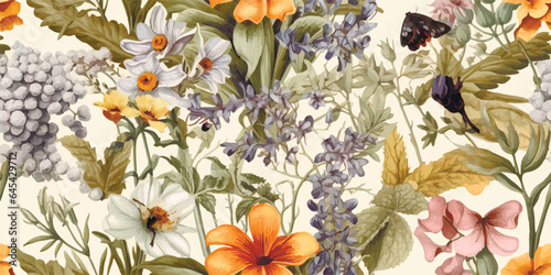 Elegant Seamless Pattern with Cute beautiful botanical plants Flowers. Pretty Texture in Country Style for Cloth, Textile, Wallpaper, background for fashion prints. Spring bouquet