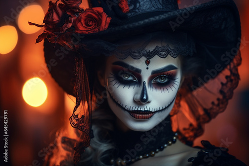 Portrait of beautiful woman daark witch halloween catrina made with Generative AI
