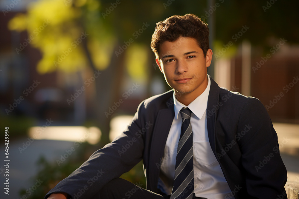 Generative AI portrait image of happy smiling guy walking to school early in the morning Generative AI portrait image of happy smiling guy walking to school early in the morning