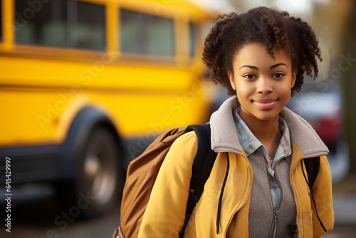 Generative ai picture of cute schoolgirl with backpack standing in front of yellow school bus