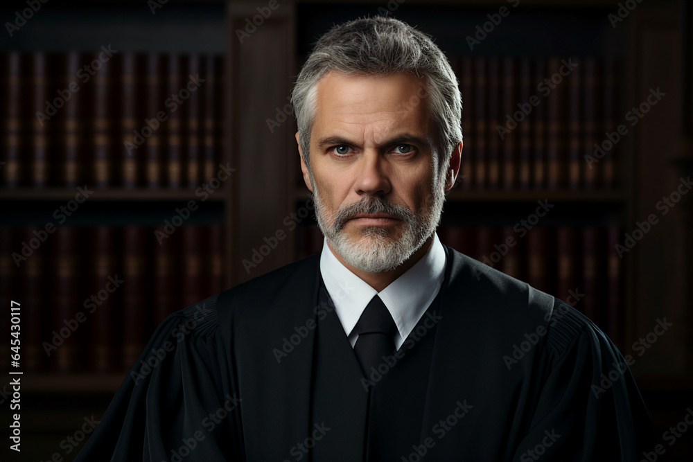 Portrait by generative AI of a confident stern male judge in a court of law finds the accused guilty Portrait by generative AI of a confident stern male judge in a court of law finds the accused guilty