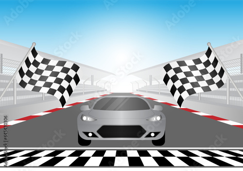 Racing Car Driving on Racing Track. Sport Racing Track With Stadium. Race Track Road. Vector Illustration. 