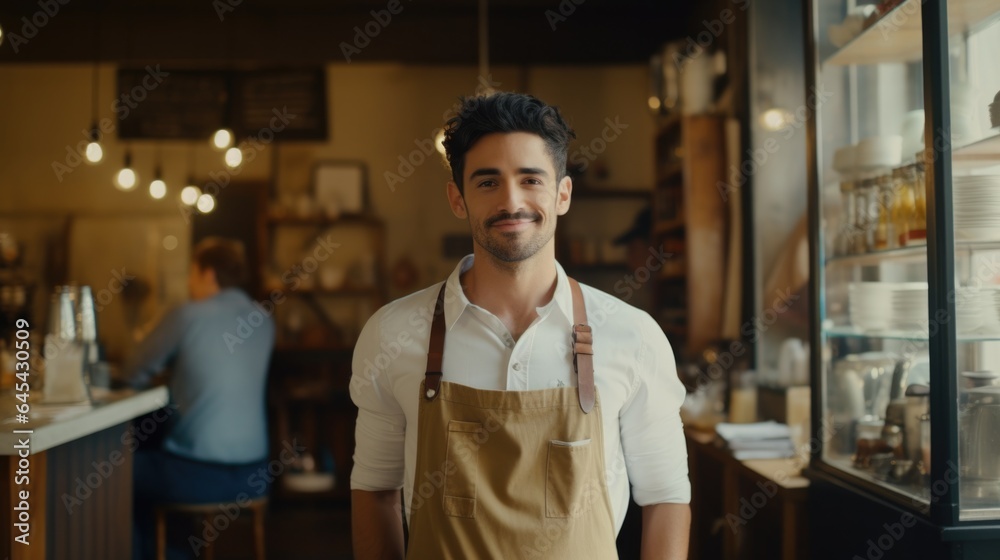 Proud coffee shop owner standing in front of cozy cafe