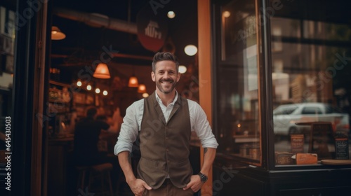 Proud coffee shop owner standing in front of cozy cafe