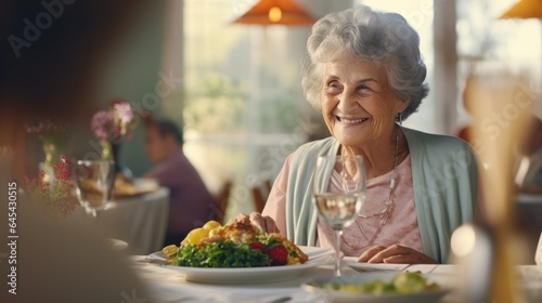 An elderly woman in a retirement home happily eats lunch.