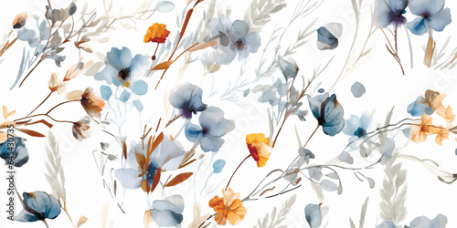 Wild dry floral seamless vector pattern with blue, white and beige flowers. Perfect for fabric, textile, apparel, nursery. Cute Modern contemporary seamless pattern or poster