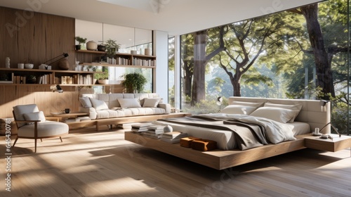 Interior of minimalist scandi bedroom in luxury villa. Simple wooden bed and elements of interior, chillout area, bookshelves, panoramic windows with scenic landscape. Ecodesign. 3D rendering.