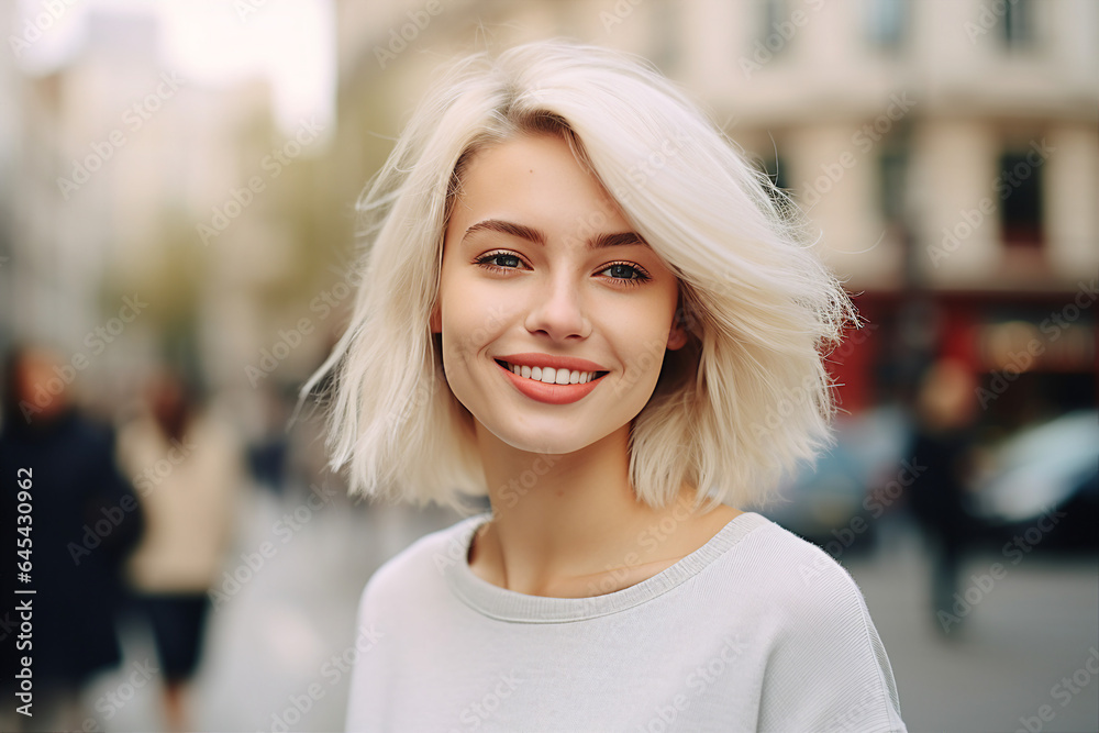 Generative AI picture of young attractive woman in the city lights backdrop