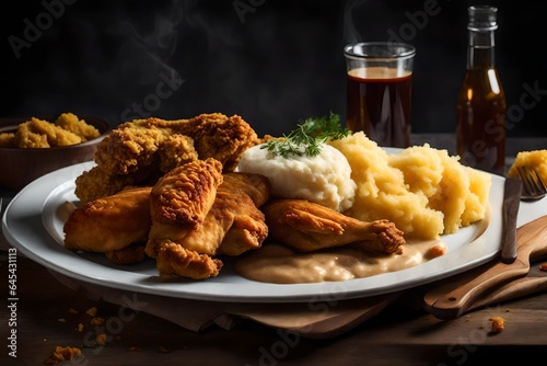 a realistic image of a plate of golden-brown fried chicken with a side of mashed potatoes - AI Generative