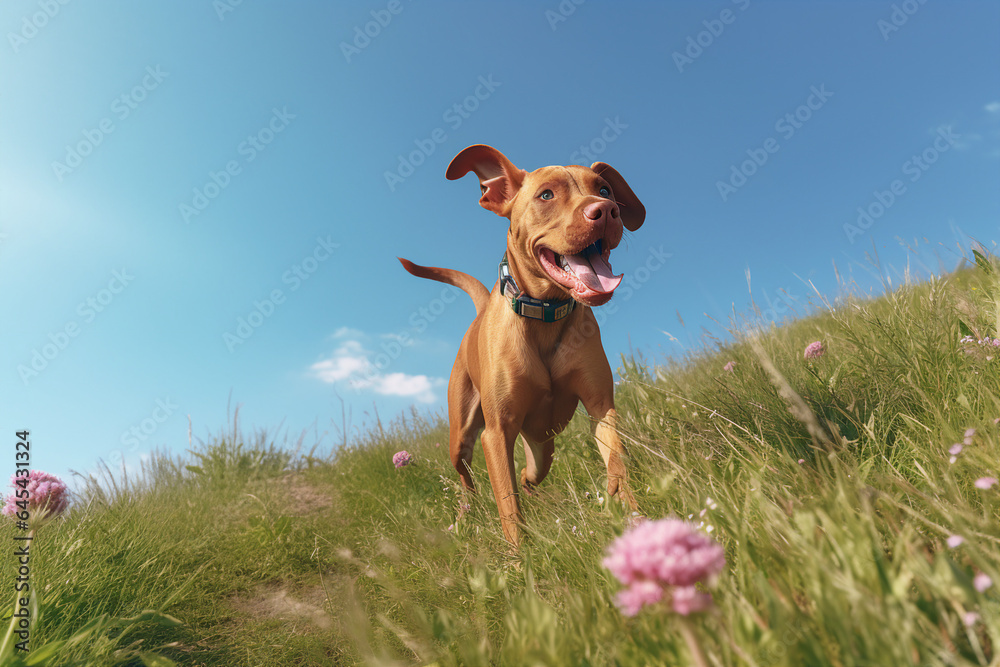 Portrait of happy dog running in field green high grass animal have fun generative ai illustration collage summertime outdoors background