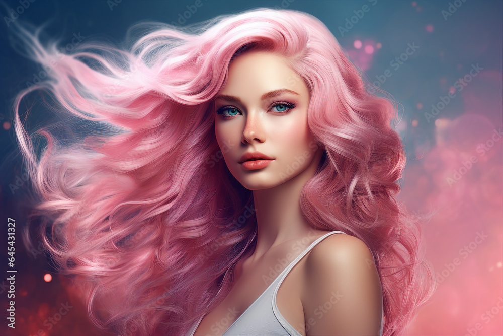 Generative AI portrait of natural beauty woman model demonstrating pink dyed hairstyle Generative AI portrait of natural beauty woman model demonstrating pink dyed hairstyle