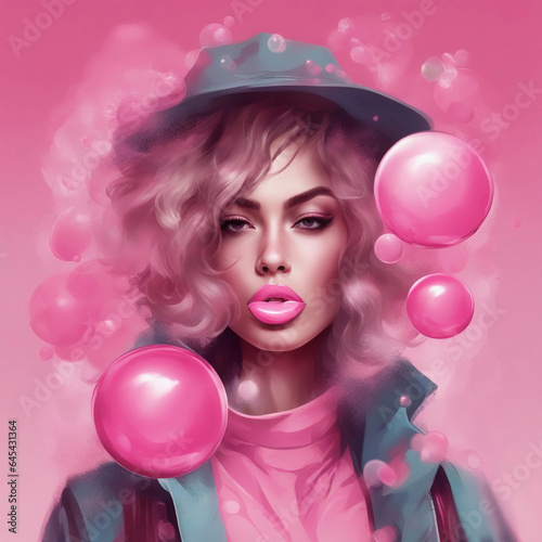 A girl in pink and pink balloons. Generative AI.