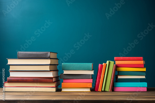 Modern generative AI image of books on the desk in front of the blackboard education and reading learning concept