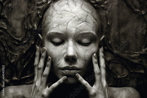 Artwork magazine imagination picture of dry skin bald lady touch face black and white filter made with generative ai visual effect