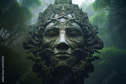Photo template inspiration image of scary head statue standing mystery rainforest created generative ai modern technology