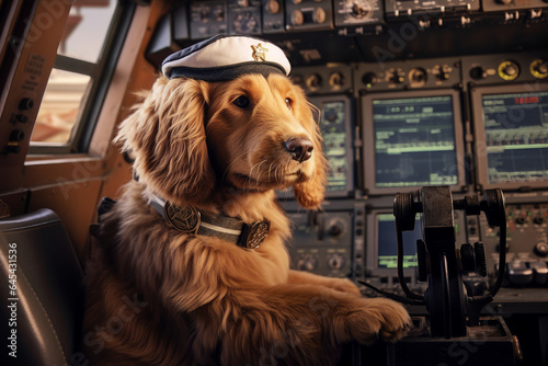 Creative artwork generative ai pic collage of drawn funny purebred dog help captain co pilot generative ai in cockpit inside airplane