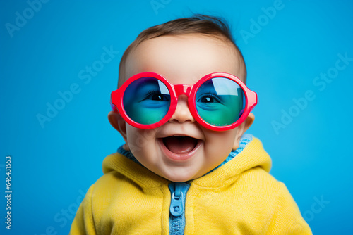 Digital photo of cheerful beautiful kid wearing big stylish glasses having fun isolated on bright blue color background generative AI