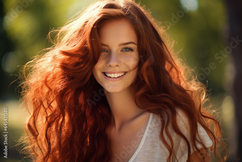Generative AI portrait of fashion model red hair girl enjoying warm day under the sun © Tetiana