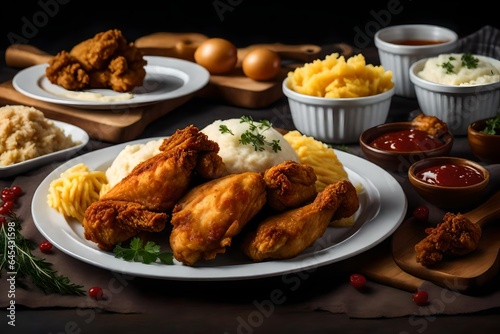 a realistic image of a plate of golden-brown fried chicken with a side of mashed potatoes - AI Generative