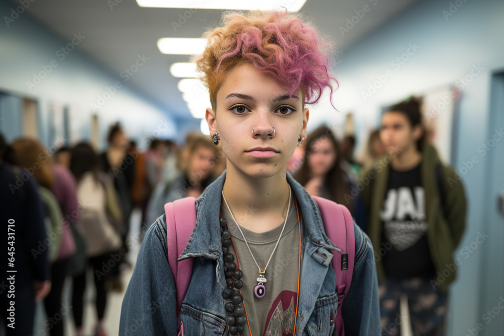 custom made wallpaper toronto digitalPhotography of non binary teen person in school hallway with kids in the background generated by AI