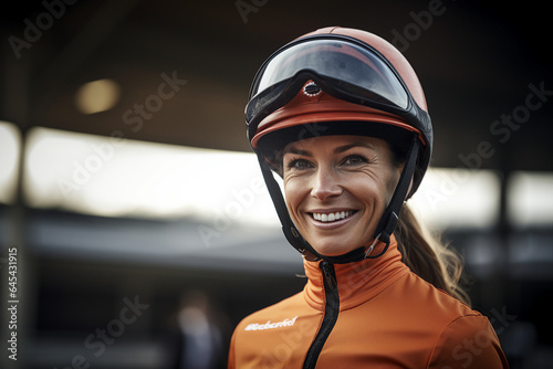 Photo portrait of beautiful woman horse racing sportive contest with an equestrian or horse background generative AI © Tetiana