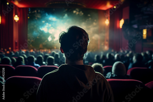 Generative AI technology illustration young student person watching cinema premiere movie have fun