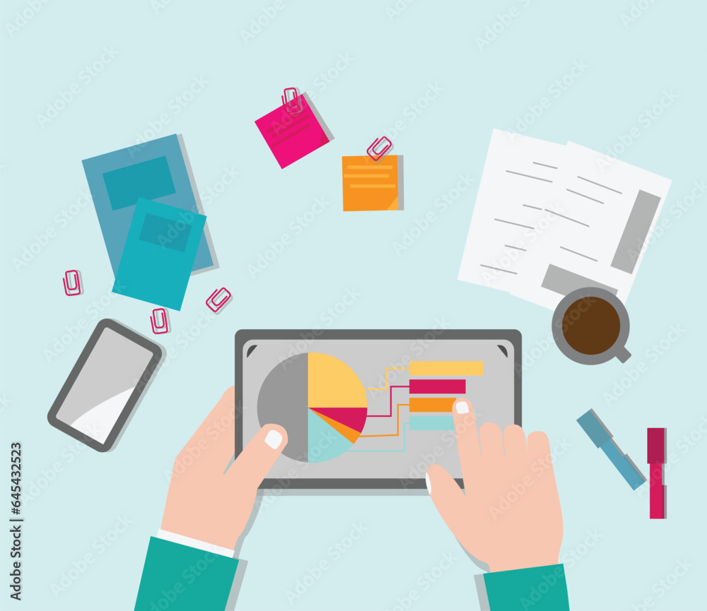Business Man Hand Touch Tablet Screen and show Finance Chart Business. Businessman Documents Office Desk Businessman Flat Vector Illustration. Business Man Hand Touch Tablet Screen and show Finance Chart Business. Businessman Documents Office Desk Businessman Flat Vector Illustration.