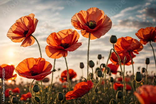 poppy field with sky at sunset